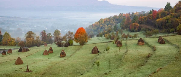 Сельский Осенний Пейзаж Туманом Стогами Сена — стоковое фото