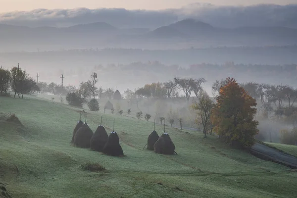 Paisagem Outono Rural Com Nevoeiro Pilhas Feno — Fotografia de Stock