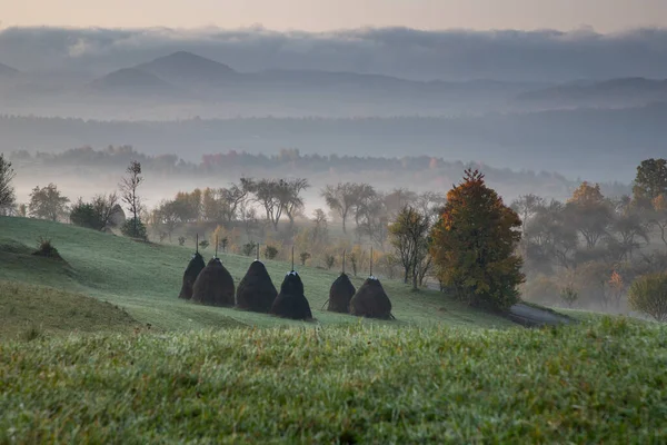 Paisagem Outono Rural Com Nevoeiro Pilhas Feno — Fotografia de Stock