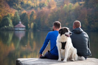 Sonbahar gölünün kenarında oturan iki adam ve köpek.