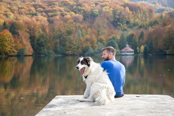 Nsanlar Köpekler Sonbahar Gölü Kenarında Oturuyor Sosyal Mesafeler — Stok fotoğraf