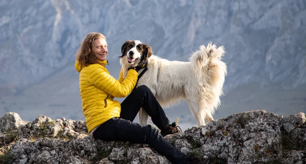 Женщина Вершине Горы Собакой Социальное Дистанцирование — стоковое фото