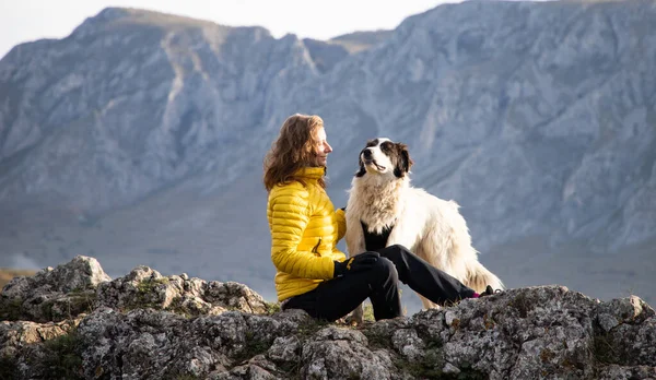 Mujer Cima Montaña Con Perro Social Distanciamiento —  Fotos de Stock