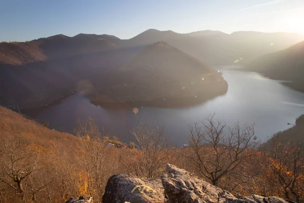 Incredibile Panorama Aereo Sul Lago Tramonto — Foto Stock