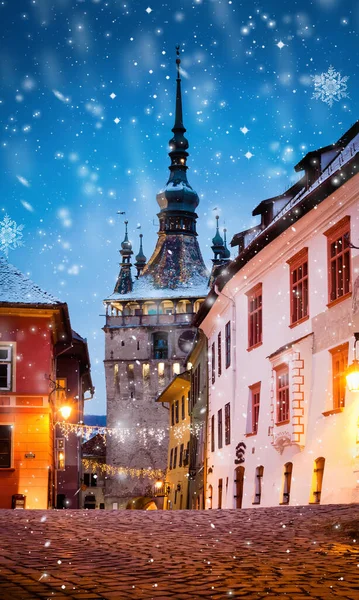 Zimní Noc Středověkém Městě Sighisoara — Stock fotografie