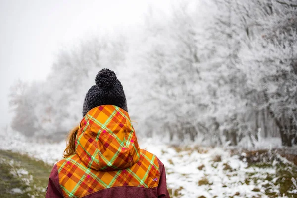 戴着帽子在冰雪覆盖的森林里行走的女人 — 图库照片