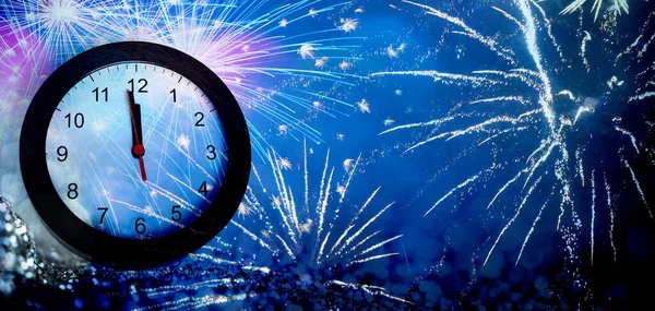 Nuovo Orologio Sfondo Anno Fuochi Artificio — Foto Stock