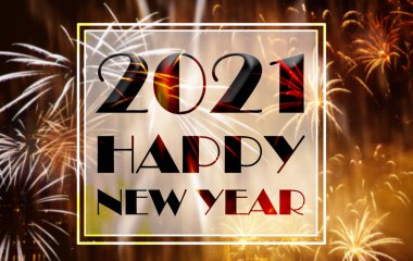 Mutlu yıllar 2021 gece havai fişek tebrik kartı.