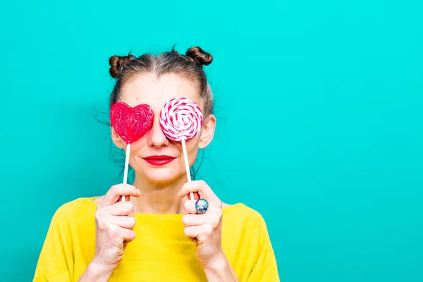 colorful picture of woman with lollipops
