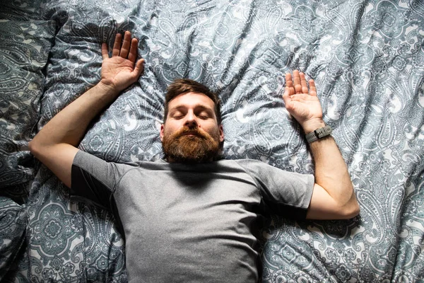 Handsome Man Relaxing Bed Daydreaming Top View — Stock Photo, Image