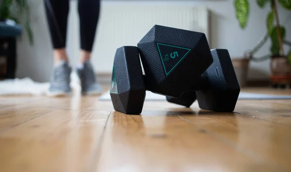 Woman Doing Exercise Home Focus Dumbells — Stock Photo, Image