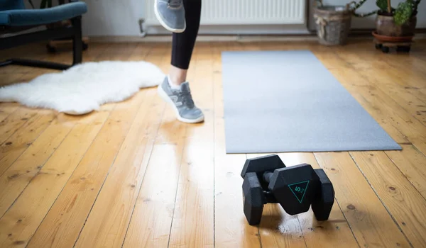 Woman Doing Exercise Home Focus Dumbells — Stock Photo, Image