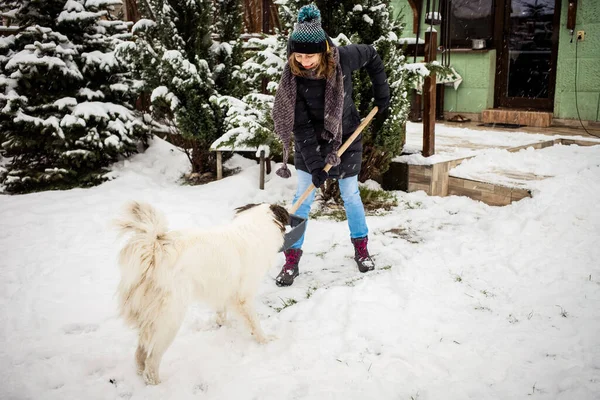 Mujer Con Pala Limpiando Nieve Perro Blanco Jugando Pala Invierno —  Fotos de Stock