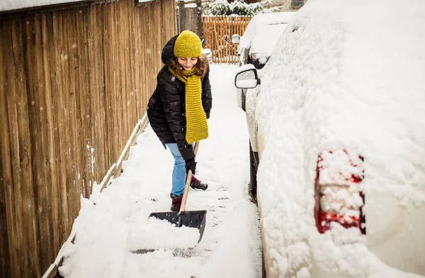 Woman Shovel Cleaning Snow Winter Shoveling Removing Snow Blizzard — Stock Photo, Image