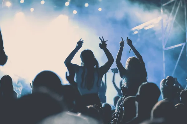 Animando Multitud Con Las Manos Levantadas Concierto Festival Música — Foto de Stock