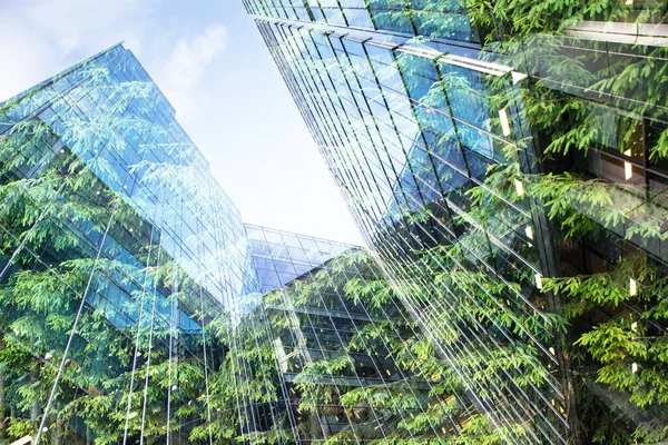 Green City Double Exposure Lush Green Forest Modern Skyscrapers Windows — Stock Photo, Image