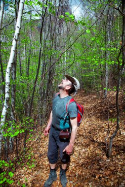 Baharda ormanda gezen mutlu bir adam