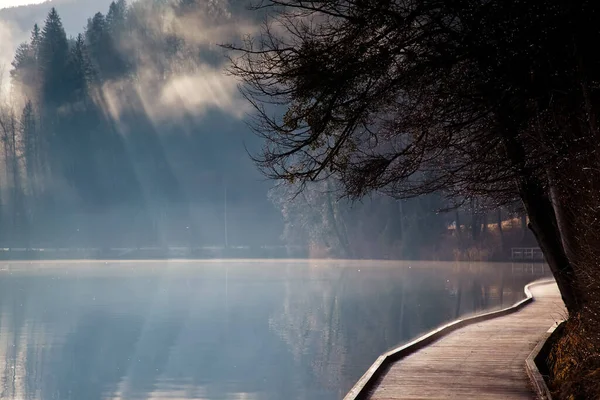 スロベニアのブレッド湖の霧の秋の朝 — ストック写真