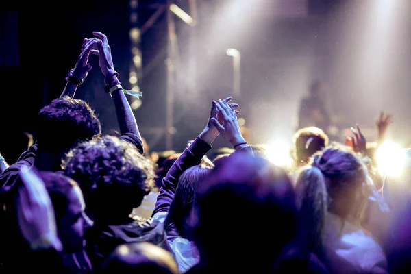 Jubelnde Menge Mit Erhobenen Händen Bei Konzert Musikfestival — Stockfoto