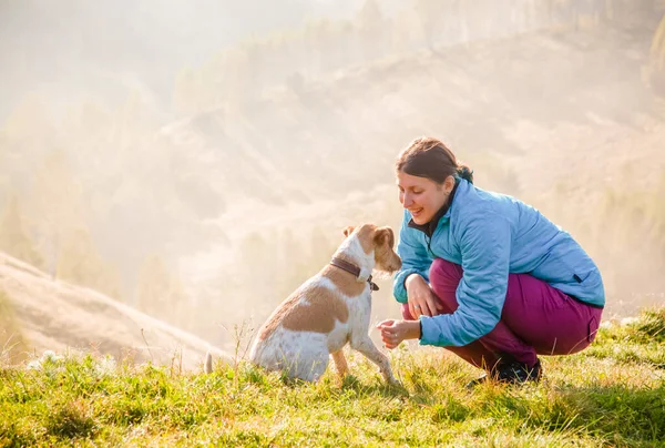 Mujer Jugando Con Perro Hermosos Paisajes Montaña Primavera —  Fotos de Stock