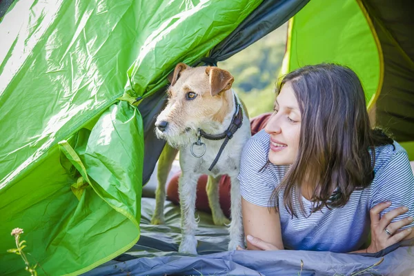 Vrouw Camping Met Schattige Terriër Hond Bergen — Stockfoto