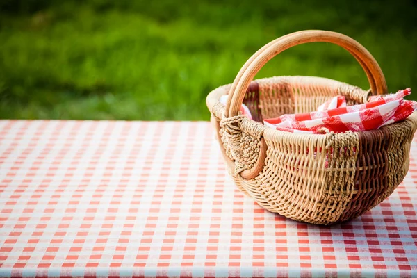 Picknickkorb Auf Dem Tisch Garten Sommer — Stockfoto