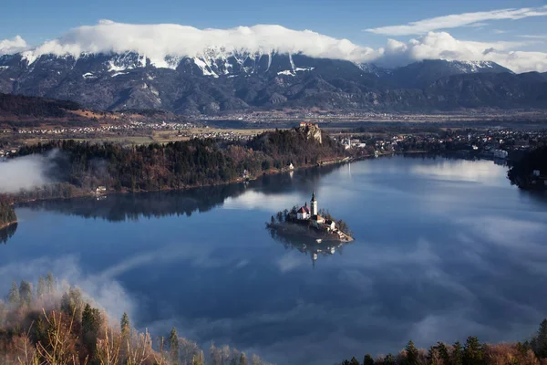 Aerial View Lake Bled Foggy Morning Ojstrica Viewpoint Slovenia Europe — Stock Photo, Image
