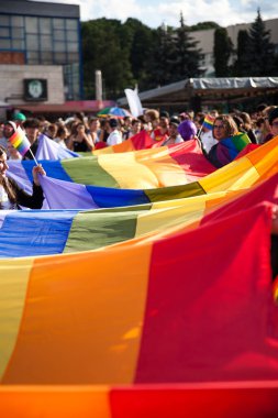 CLUJ-NAPOCA, ROMANIA - 23 Haziran 2018: Cluj-Napoca, Romanya 'daki Cluj Onur Yürüyüşüne katılan kimliği belirsiz kişiler.