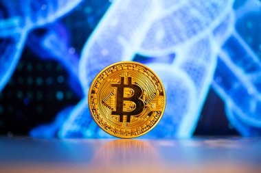 Mavi çizelge arkaplanındaki bitcoin - kripto para birimi kavramı