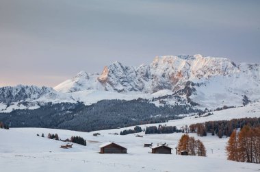 Alpe di Siusi 'deki karlı kış manzarası. Dolomitler, İtalya - kış tatilleri 