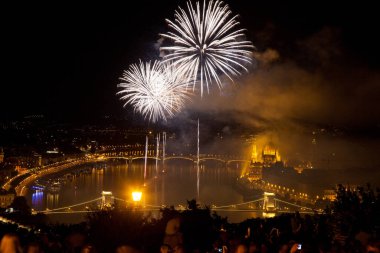 the 20th of August fireworks over Budapest Parliament, the Danube and chain bridge on St. Stephens or foundation day of Hungary clipart