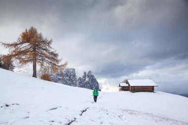 Alpe di Siusi 'deki karlı kış manzarası. Dolomitler, İtalya - kış tatilleri 