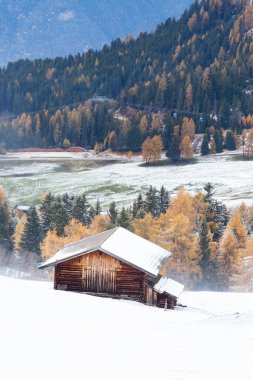 Alpe di Siusi 'deki karlı kış manzarası. Dolomitler, İtalya - kış tatilleri 