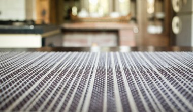 Bulanık kırsal mutfak iç kısmı - peçete ve masa boşluğuna odaklan