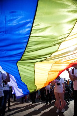 CLUJ-NAPOCA, ROMANIA - 23 Haziran 2018: Cluj-Napoca, Romanya 'daki Cluj Onur Yürüyüşüne katılan kimliği belirsiz kişiler.