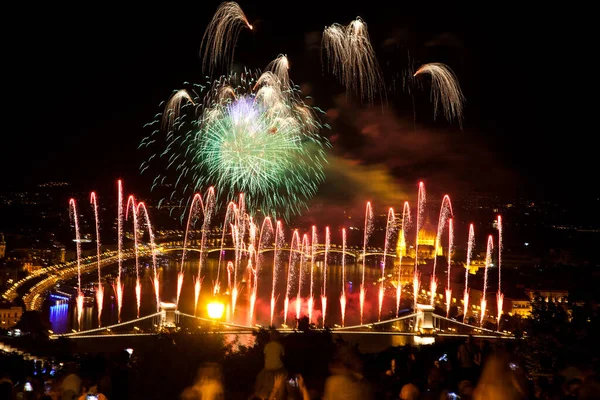 the 20th of August fireworks over Budapest Parliament, the Danube and chain bridge on St. Stephens or foundation day of Hungary