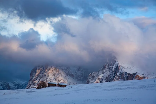 Nevado Início Inverno Paisagem Alpe Siusi Dolomites Itália Destino Férias — Fotografia de Stock