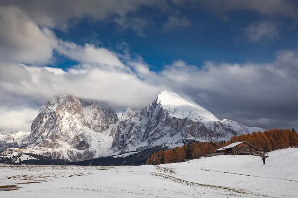 Zasněžená Raná Zimní Krajina Alpe Siusi Dolomity Itálie Zimní Prázdniny — Stock fotografie
