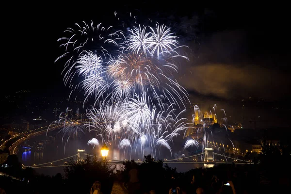 20Th August Fireworks Budapest Parliament Danube Chain Bridge Stephens Foundation — Stock Photo, Image