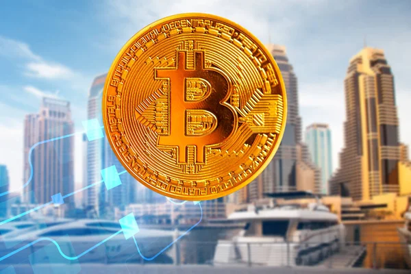 Bitcoin Ponownie Drapacze Chmur Futurystyczne Inteligentne Miasto Koncepcja Kryptowaluta — Zdjęcie stockowe