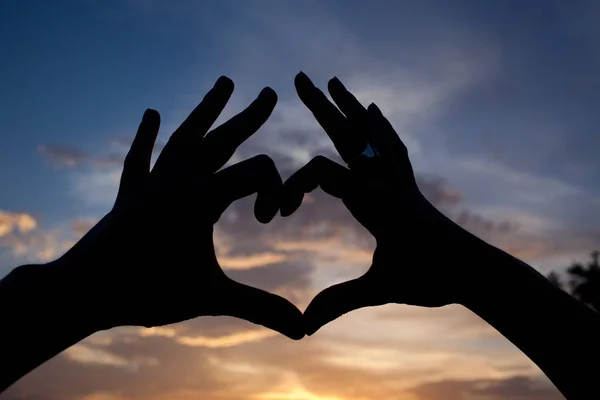 Beautiful Colorful Sunset Background Heart Shape Hands — Stock Photo, Image