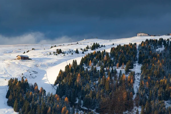 Havas Kora Téli Táj Alpe Siusi Dolomitok Olaszország Téli Üdülőhelyek — Stock Fotó