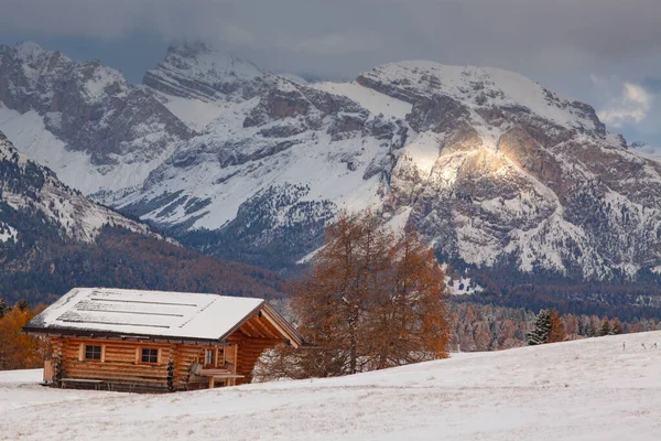 Nevado Início Inverno Paisagem Alpe Siusi Dolomites Itália Destino Férias — Fotografia de Stock