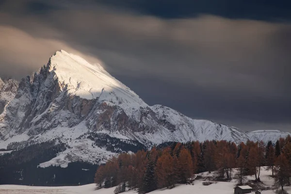 Snöig Tidig Vinter Landskap Alpe Siusi Dolomiterna Italien Semestermål Vintern — Stockfoto