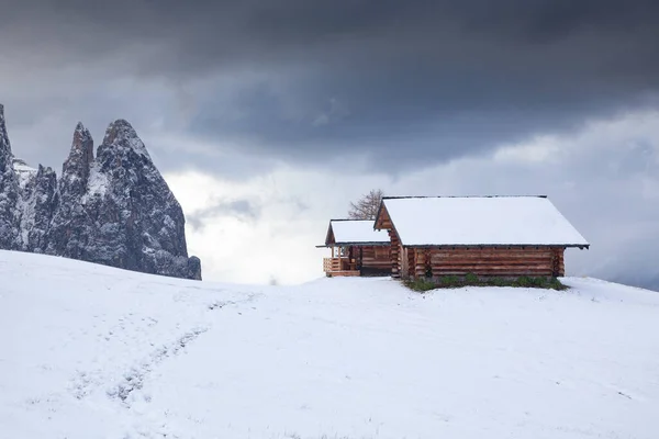 Havas Kora Téli Táj Alpe Siusi Dolomitok Olaszország Téli Üdülőhelyek — Stock Fotó