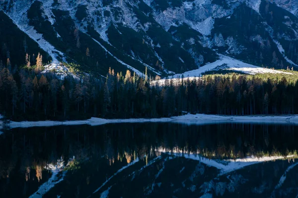 Lago Braies Dolomites Mountains Sudtirol Italy Stock Photo