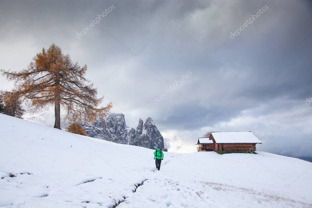 snowy early winter landscape in Alpe di Siusi.  Dolomites,  Italy - winter holidays destination 