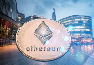 gökdelenlere karşı ethereum - gelecekçi akıllı şehir - kripto para birimi kavramı