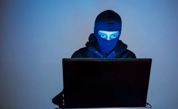 Burglar Using Laptop Stealing Data Online Safety Privacy Concept — Stock Photo, Image