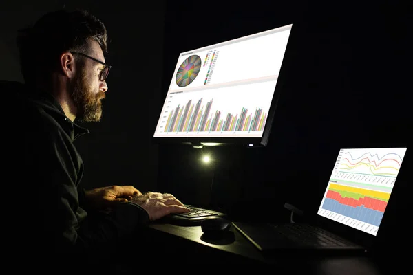 man working at computer at night home working